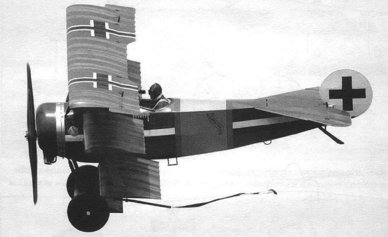 фото - В.Кондратьев "Истребители Первой Мировой"; хотя Фоккер-трипланы стали широко известны, благодаря эффектному виду, яркой однотонной окраске эскадрилий асов, и, собственно, воевавшим на них асам, включая "красного барона" фон Рихтгофена, на деле выпускался триплан недолго, с августа 1917-го по май 1918-го, общий его тираж составил всего чуть более трёхсот машин