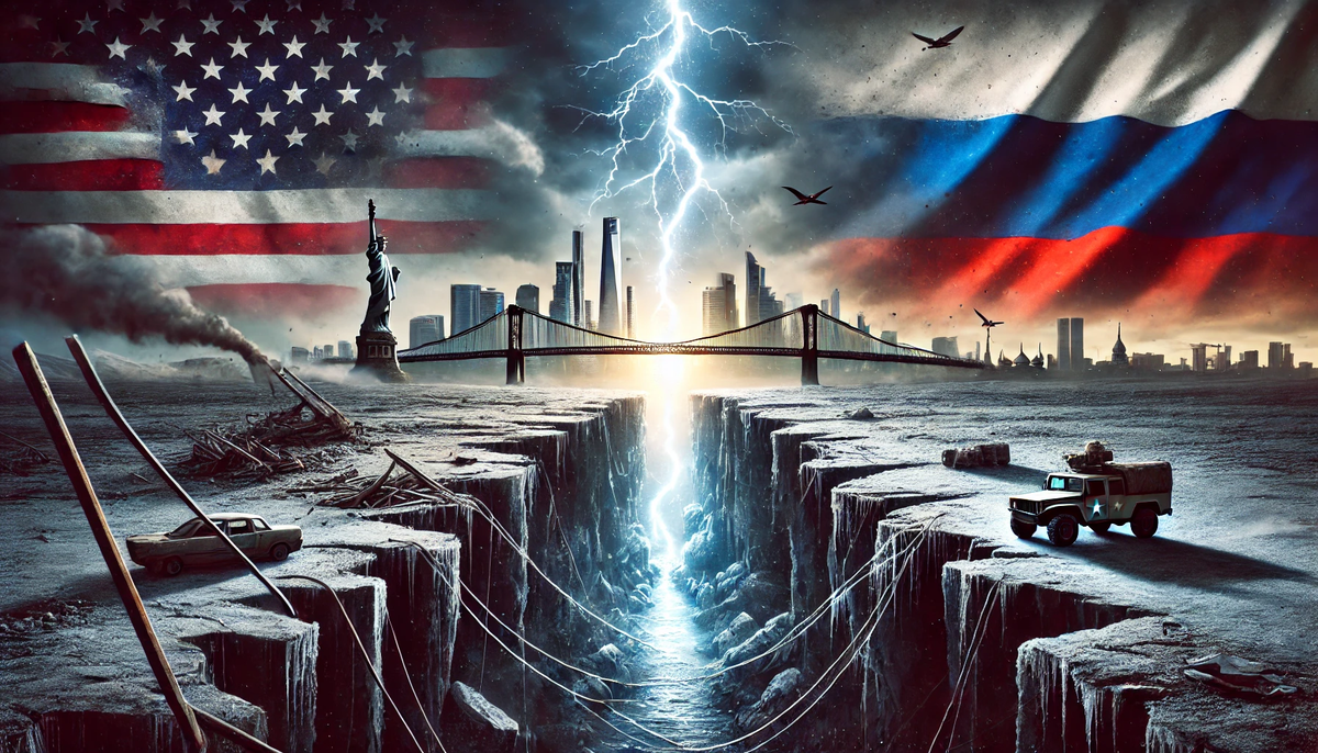 Вот изображение, символизирующее отношения США и России в 2025 году, отражающее их напряженность и разобщенность с небольшим намеком на возможность диалога.