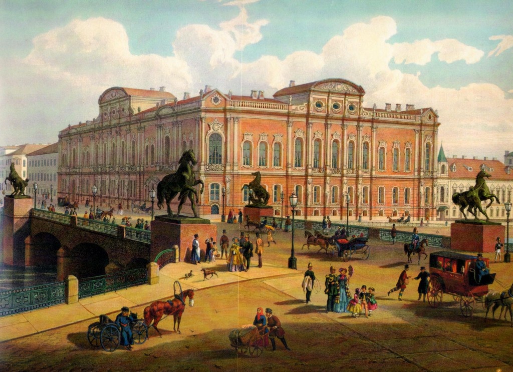 Ж. Жакотте, Регамей. «Аничков мост». Литография с оригинала И. И. Шарлеманя. 1850-е.