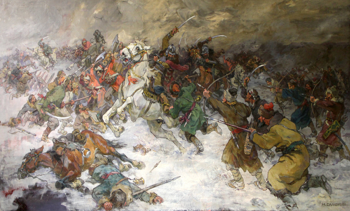 Картина Николая Самокиша. Бой разинцев с правительственными войсками на реке Алатырь.