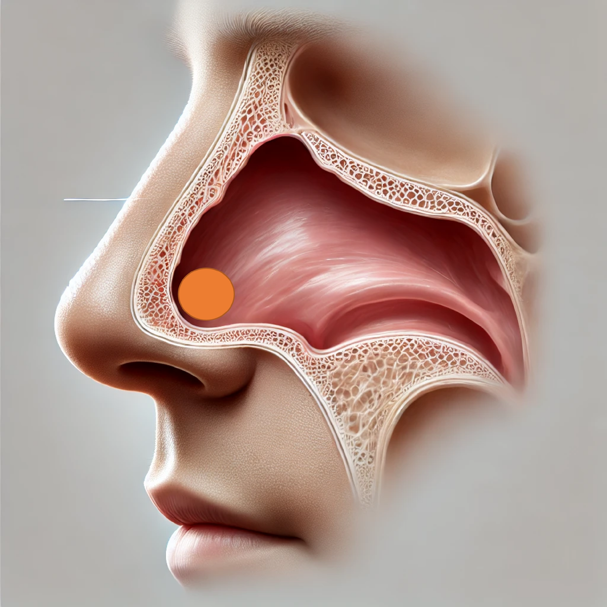 Чаще всего перфорации перегородки носа образуются в переднем отделе перегородки (показано кружком на схеме)