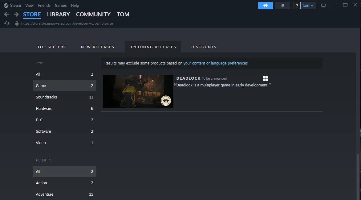 Скриншот списка предстоящих игр Valve в Steam