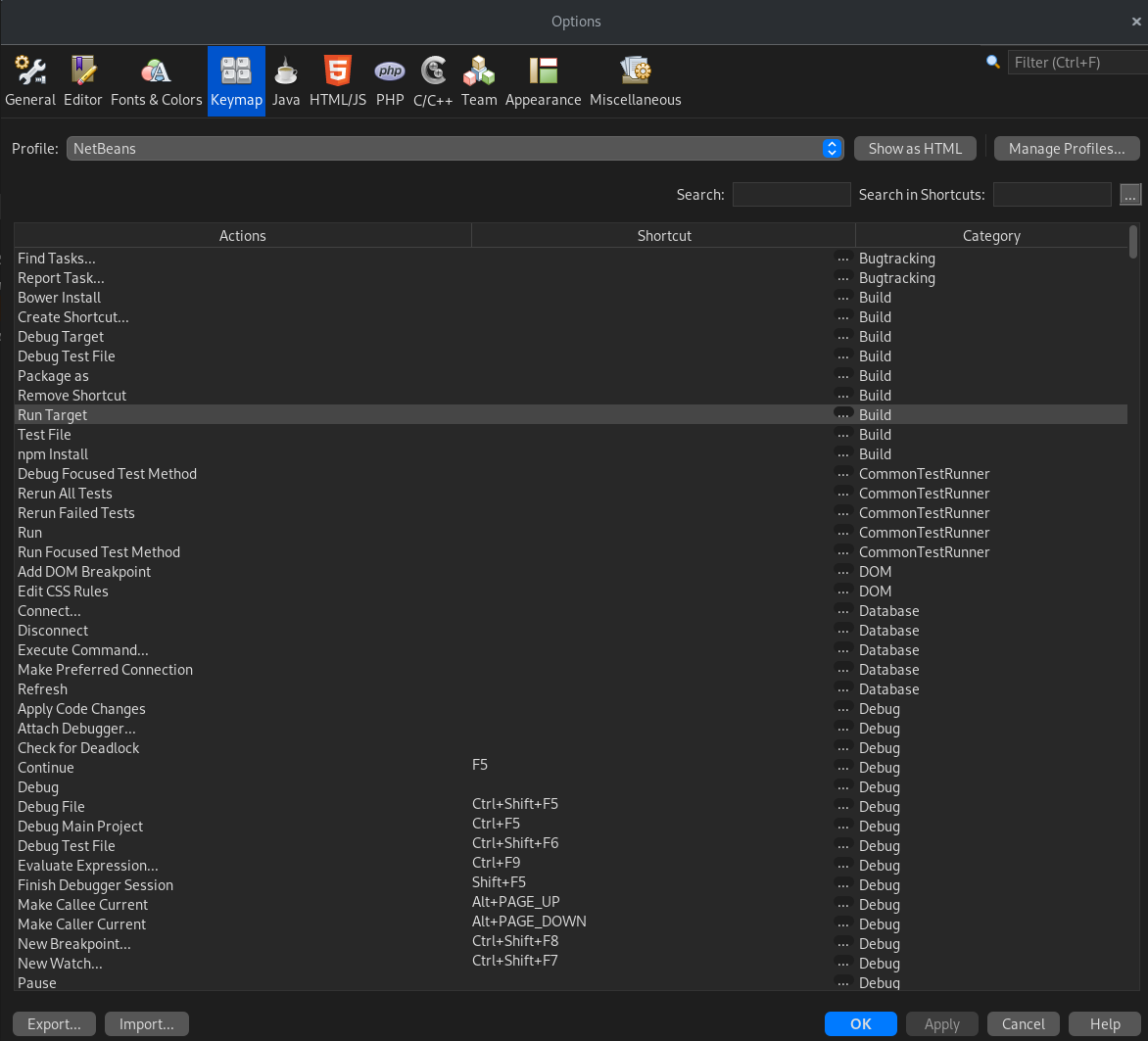 Горячие клавиши в программе NetBeans IDE