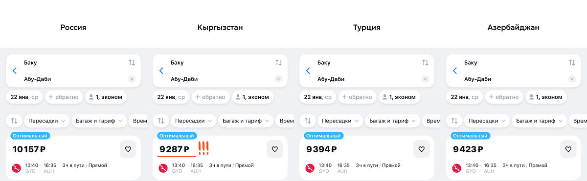 Пример изменения цены на авиабилет в зависимости от региональных настроек