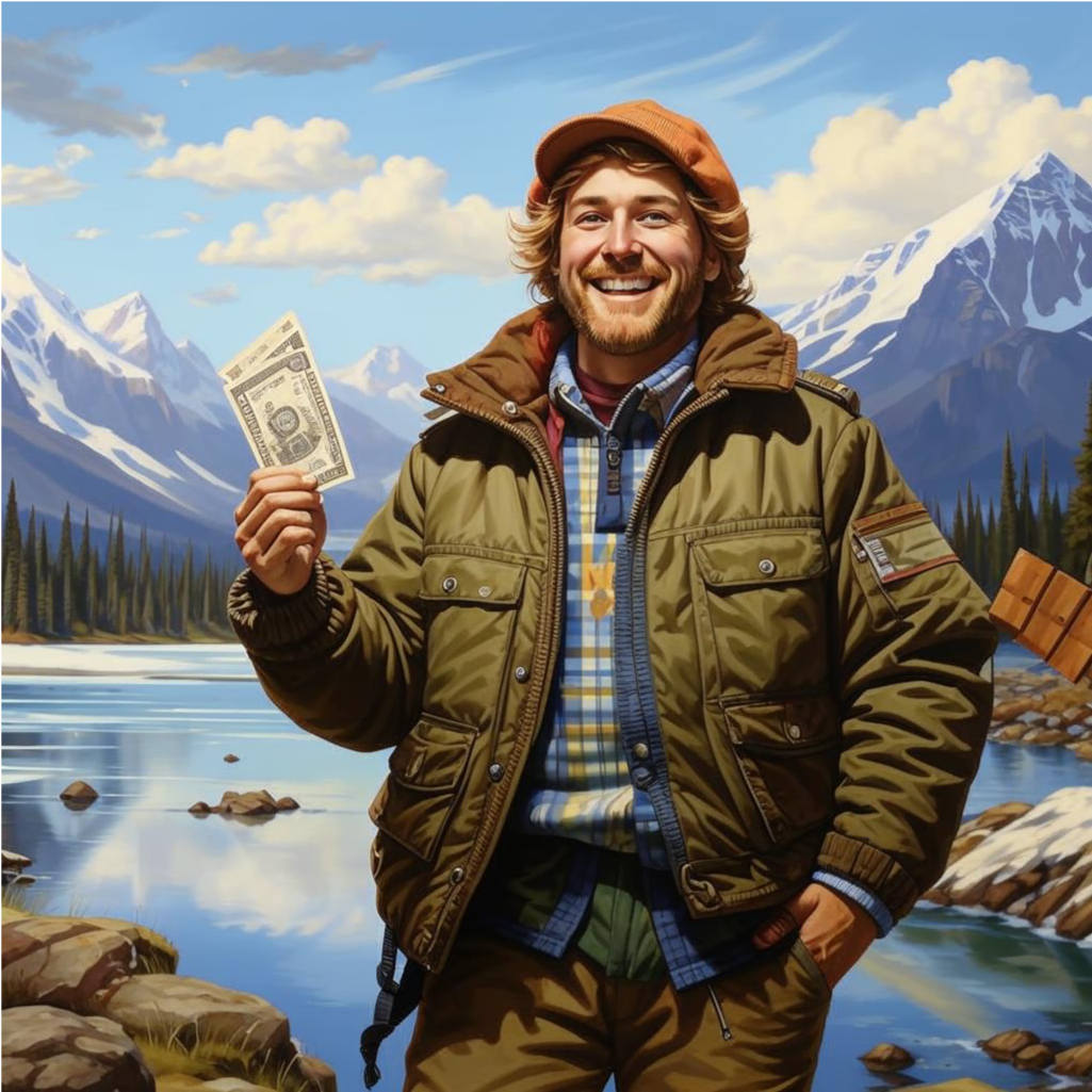 Счастливый житель Аляски с деньгами в руке