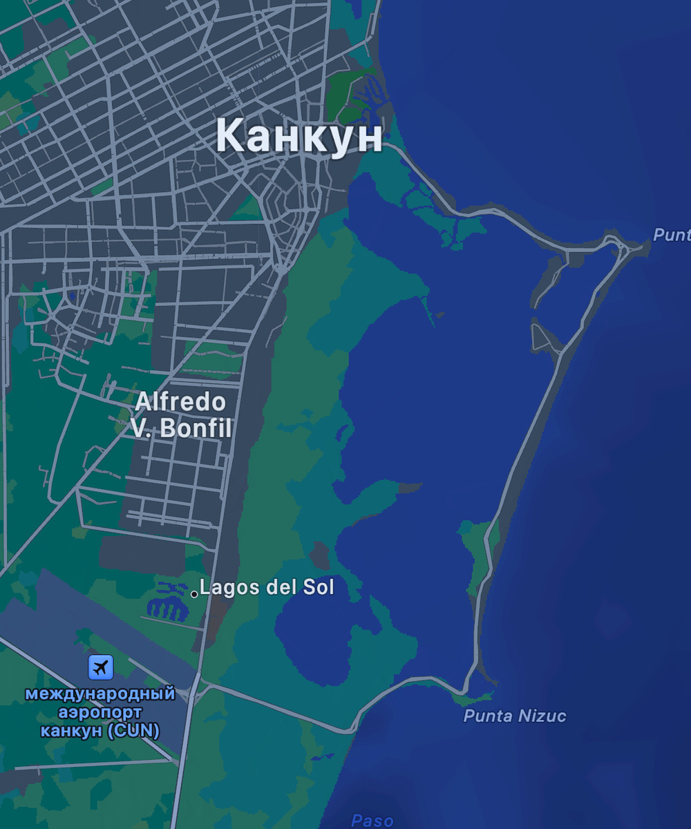 Карта Канкуна, туристическая зона находится на косе