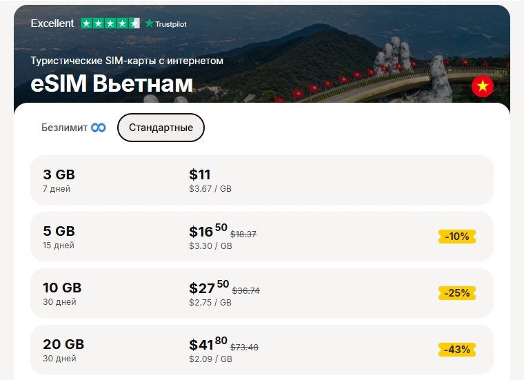 Тарифы Yesim для Вьетнама