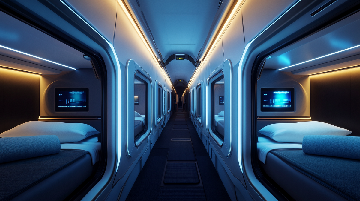 Пример интерьера будущего капусульного вагона для России. Изображение сгенерировано в Midjourney