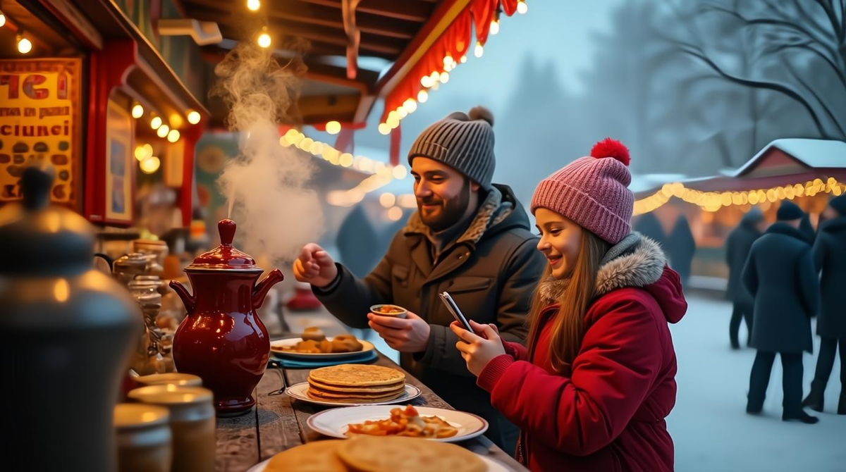 Маленькая ярмарка. Там пахло дымком, блинами и горячими напитками.