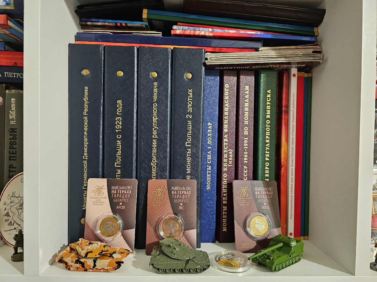 Фото автора. Небольшая часть нумизматической коллекции автора в альбомах на полке. 