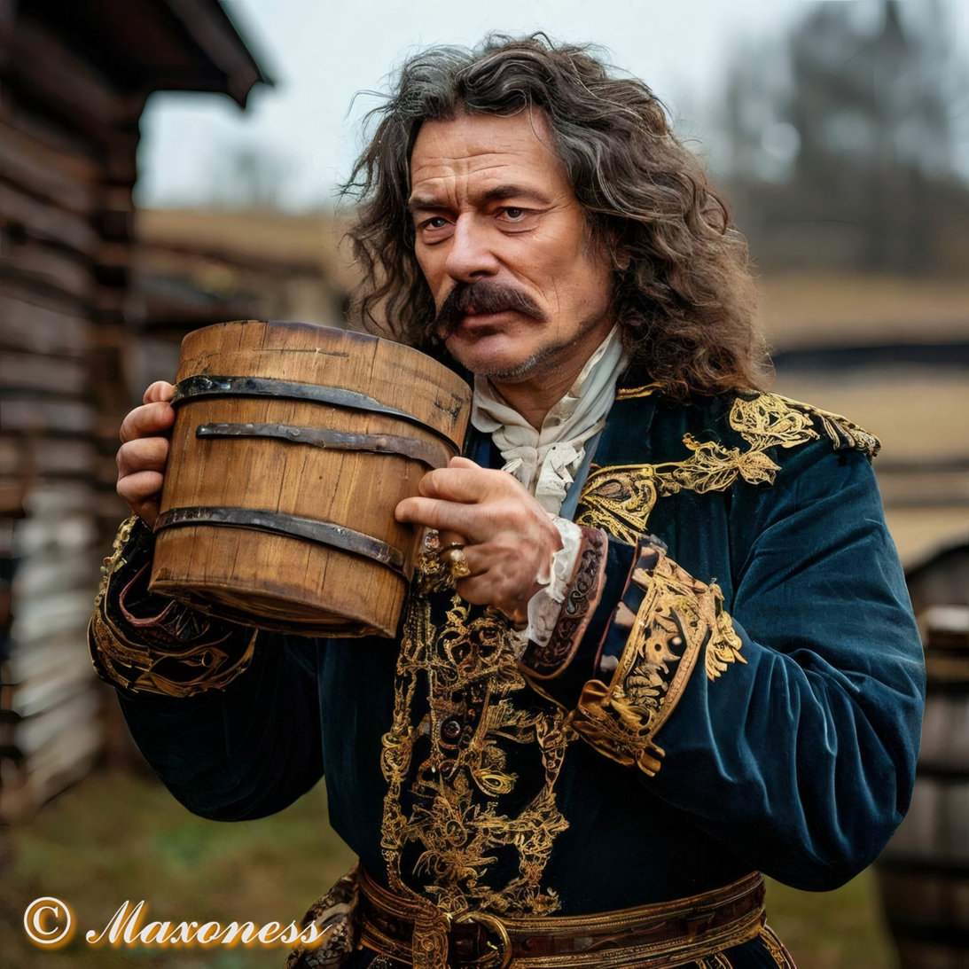 Некий мужчина в образе Петра I пьёт вино из ведра