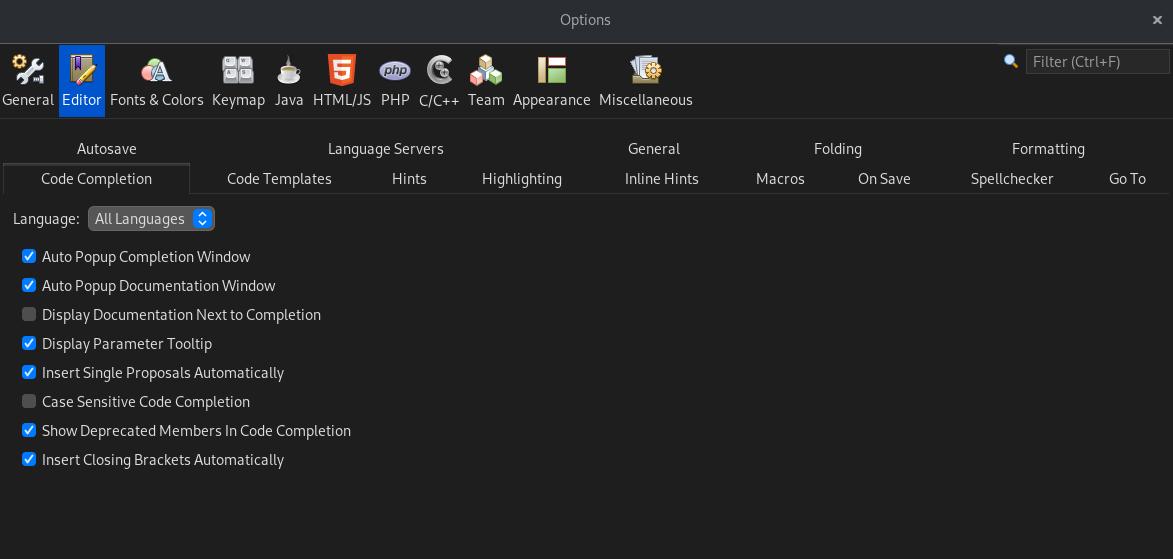 NetBeans - Editor Code Completion: All