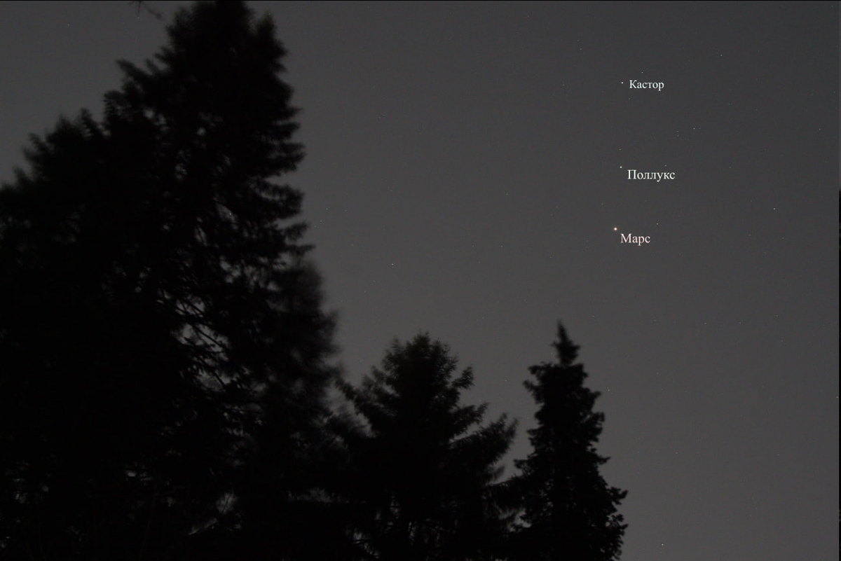 Марс и самые яркие звёзды созвездия Близнецы. Фото автора