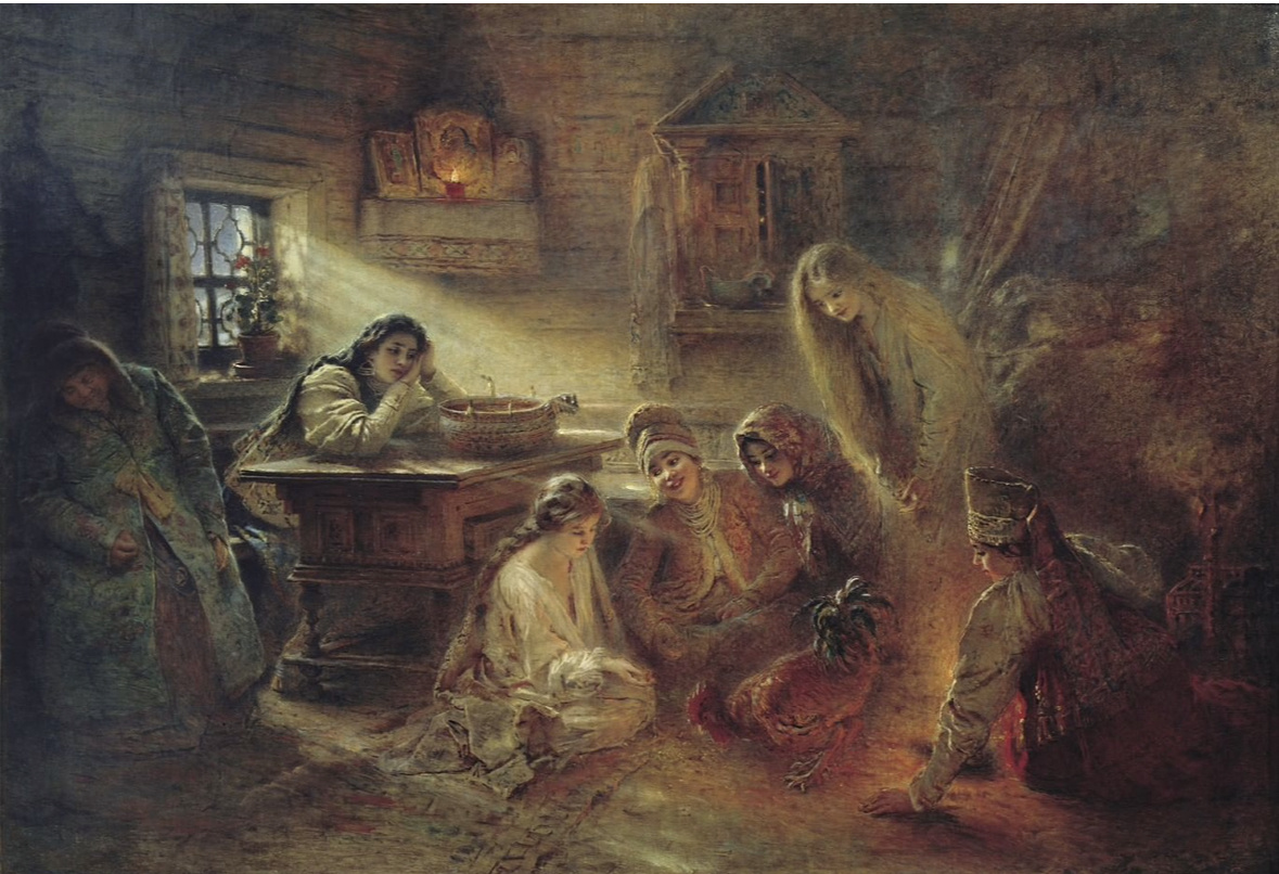 В бабушкиных рассказах Святки я видела примерно так. Полагаю, что этот образ я взяла все же из книг. Это картина К.Маковского «Святочные гадания».