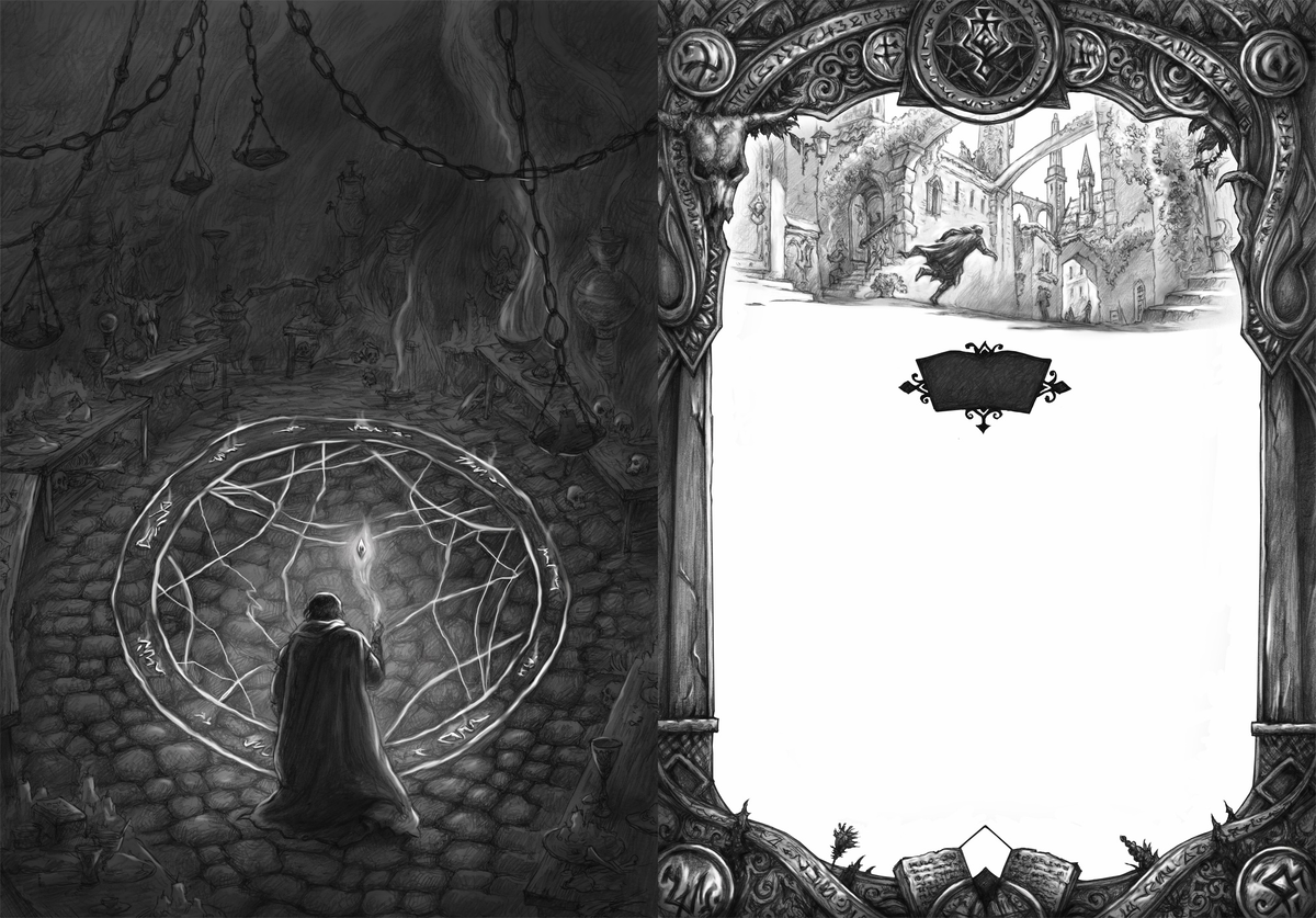 Левая строна - иллюстрация на целую страницу, правая - рамка и заставка для начала главы.