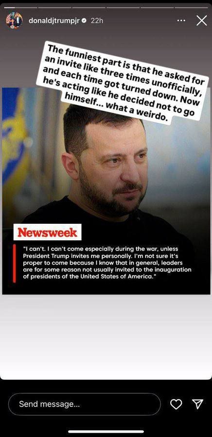 Главаря хохлов не пустили на инаугурацию Трампа.Дональд Трамп-младший говорит, что ему много раз отказывали, когда он просил позвать на инаугурацию.В соцсетях Трамп-младший написал, что это неправда, будто он сам отказался. Он назвал украинского лидера странным и сказал, что на инаугурацию он не поедет.