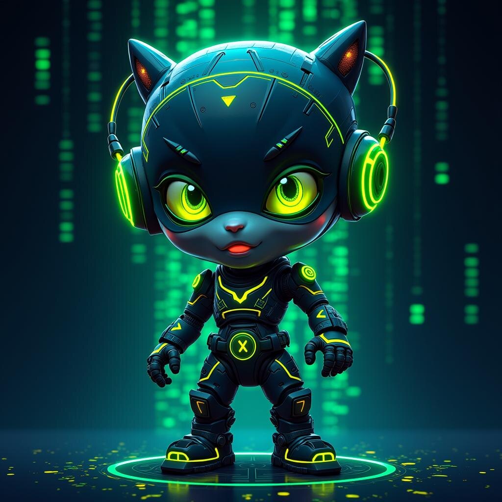    Вот текст futuristic cartoon character neon green accents hyper realistic details Бугайск