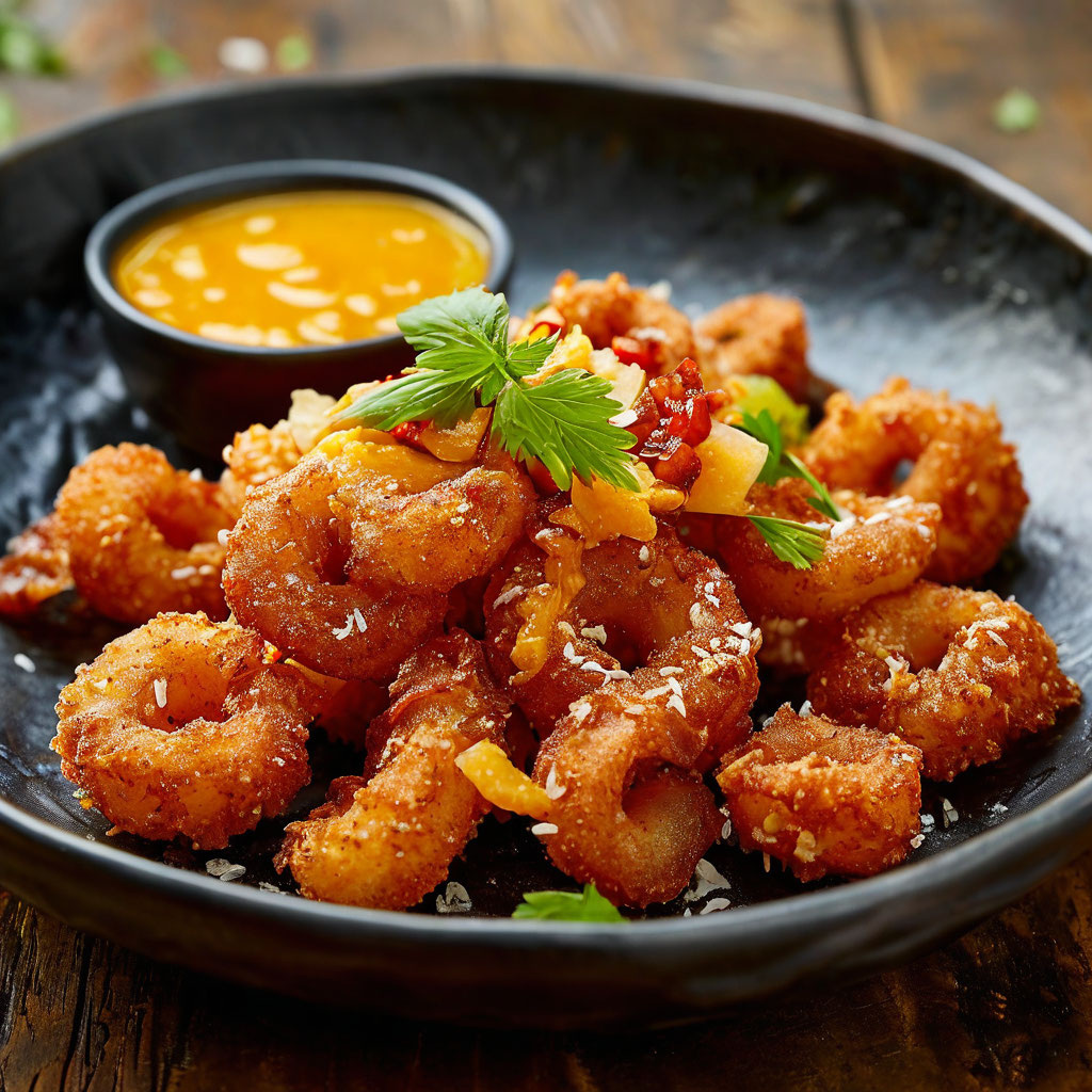 Жареные кальмары с манговым чатни и кокосовой стружкой.