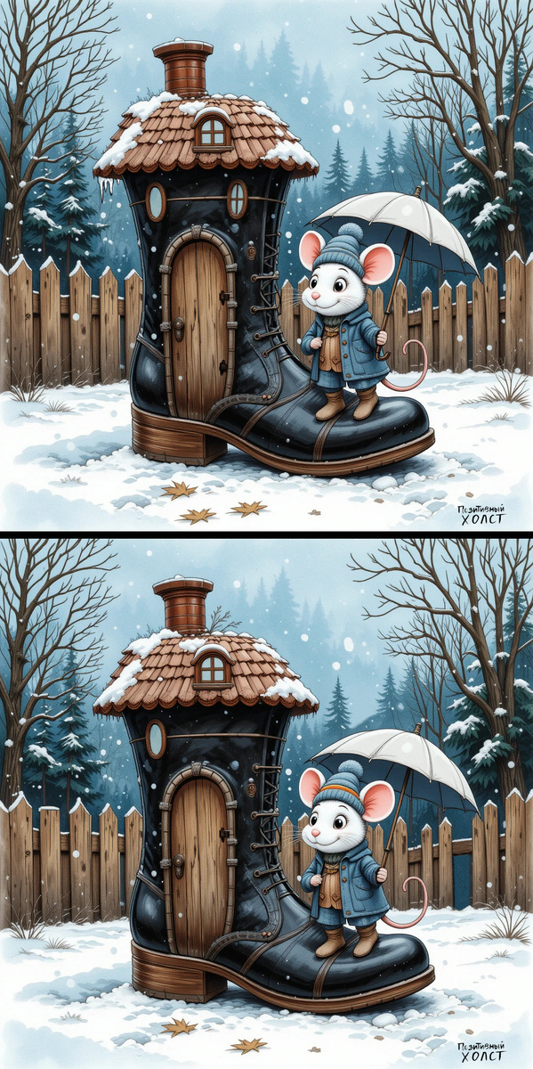 Белый мышонок и его дом. Вертикальная картинка.