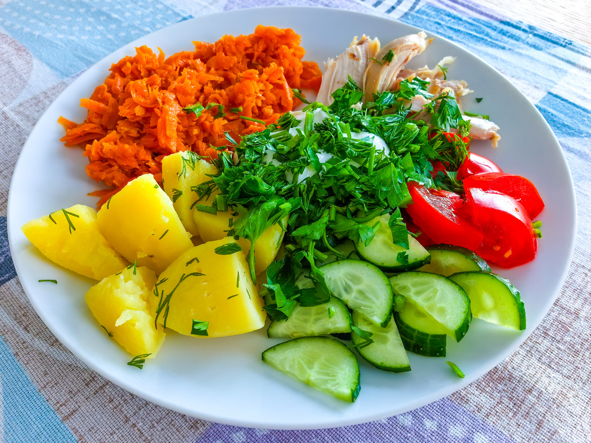 Мой обед: отварной картофель, тушёная морковь, курица и свежие овощи