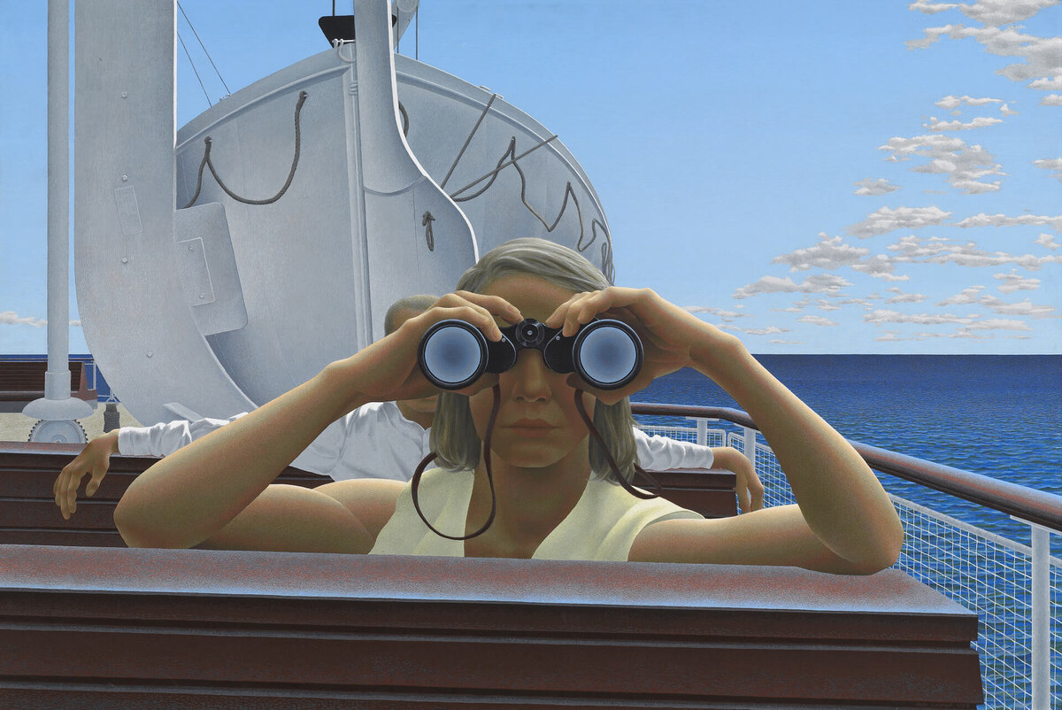 КАРТИНА КАНАДСКОГО ХУДОЖНИКА АЛЕКСА КОЛВИЛЛА / Alex Colville ( 1920 – 2013 ) под названием " К ОСТРОВУ ПРИНЦА ЭДВАРДА " 1965 год /  60.9×91.4 см