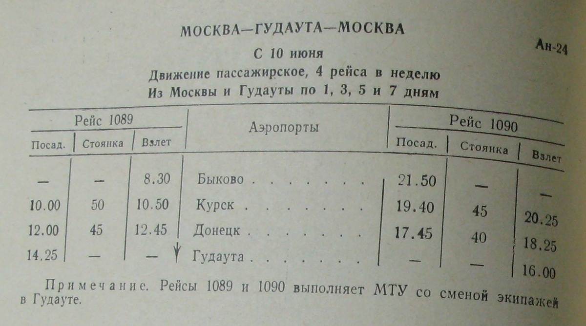 Расписание первого пассажирского рейса из Москвы в Гудауту, лето 1964 г. Из моей коллекции
