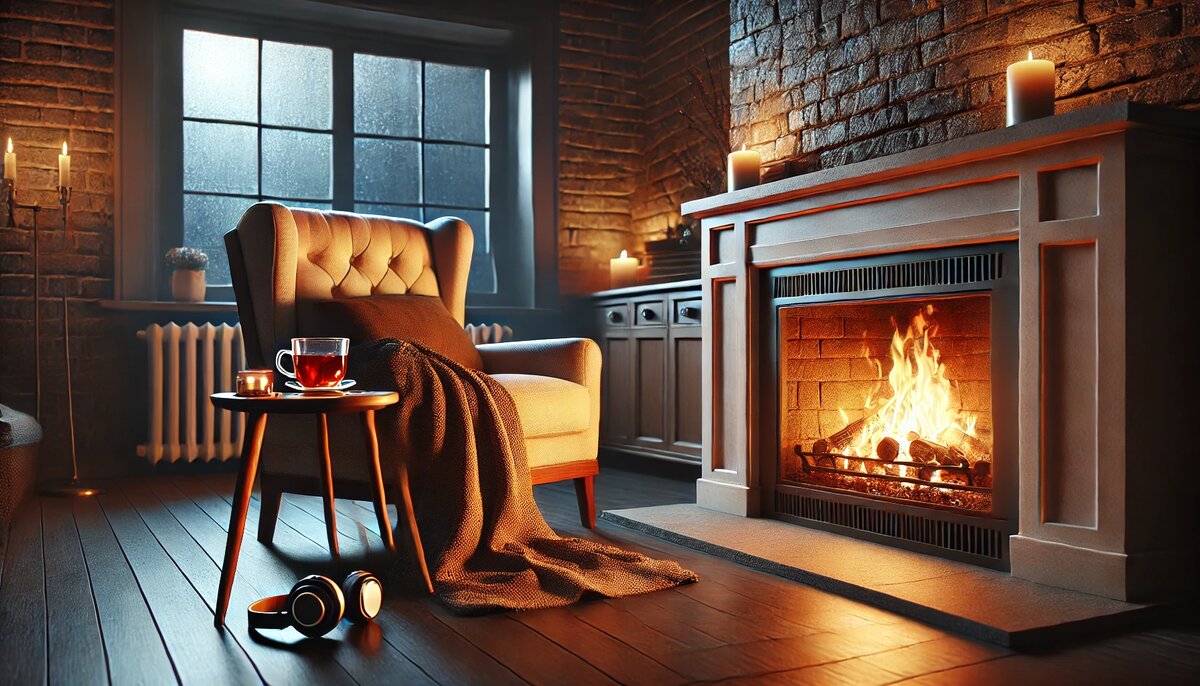 Прослушивание любимой книги под треск горящего камина