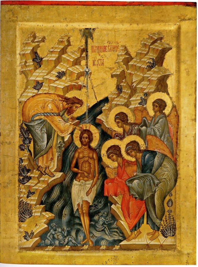 Икона XV века, принадлежащая иконописцу из круга Андрея Рублева «Крещение Господне» © Кирилло-Белозерский историко-архитектурный и художественный музей-заповедник