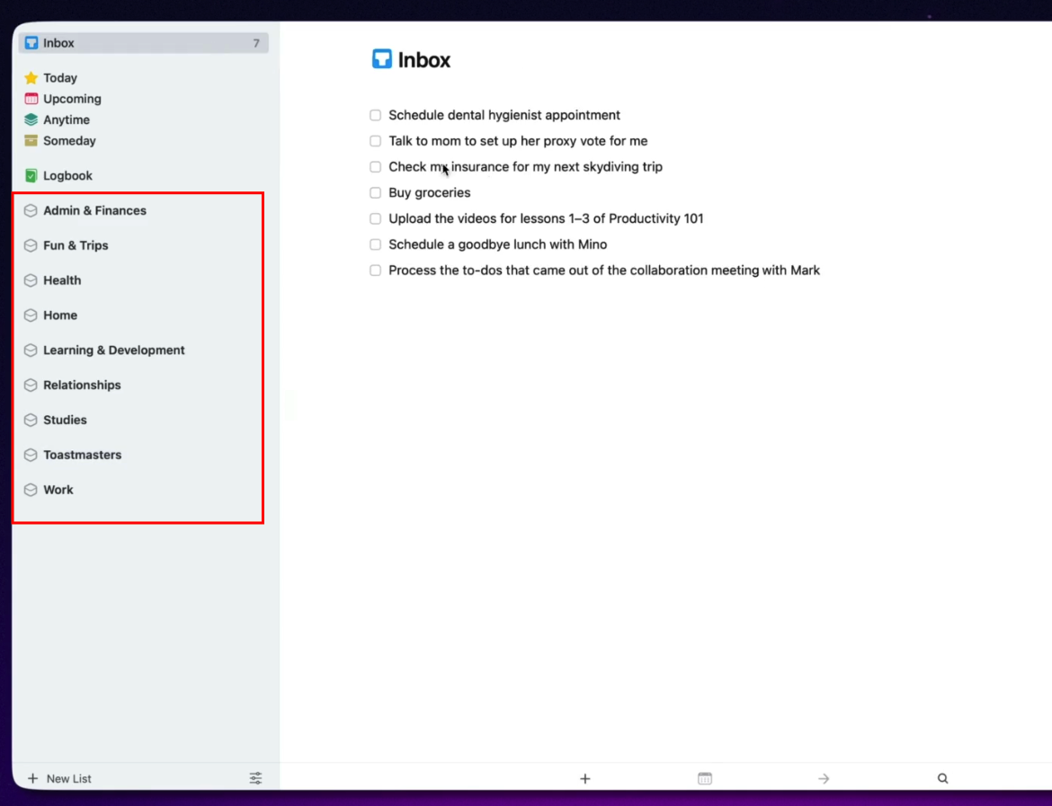 Пример как в Things3 созданы Areas. Так называемые Зоны вашей ответственности.
