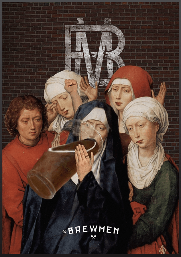 Реклама пива в туалетной комнате ресторана Brewmen (пивоварня, несмотря на рекламу, отменная). Данный плакат создан на основе GIF-работы Джеймса Керра (ник Scorpion Dagger), известного своими коллажами на мотивы картин эпохи Ренессанса. На плакате использован фрагмент с правой створки Гранадского диптиха Ганса Мемлинга, изображающий жен-мироносиц и Иоанна Богослова. Согласно католической традиции центральная фигура в черном, предположительно, скорбящая Богоматерь – иконография Mater Dolorosa. Левая створка диптиха отдана сюжету «Снятие с креста» © фото с brewmen.ru. 