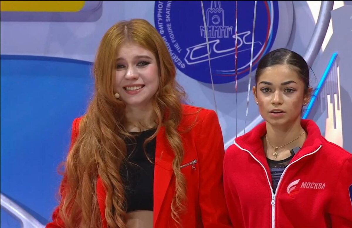 Саша Трусова и Аделя Петросян. Фото: стоп-кадр прямого эфира "Первого канала".