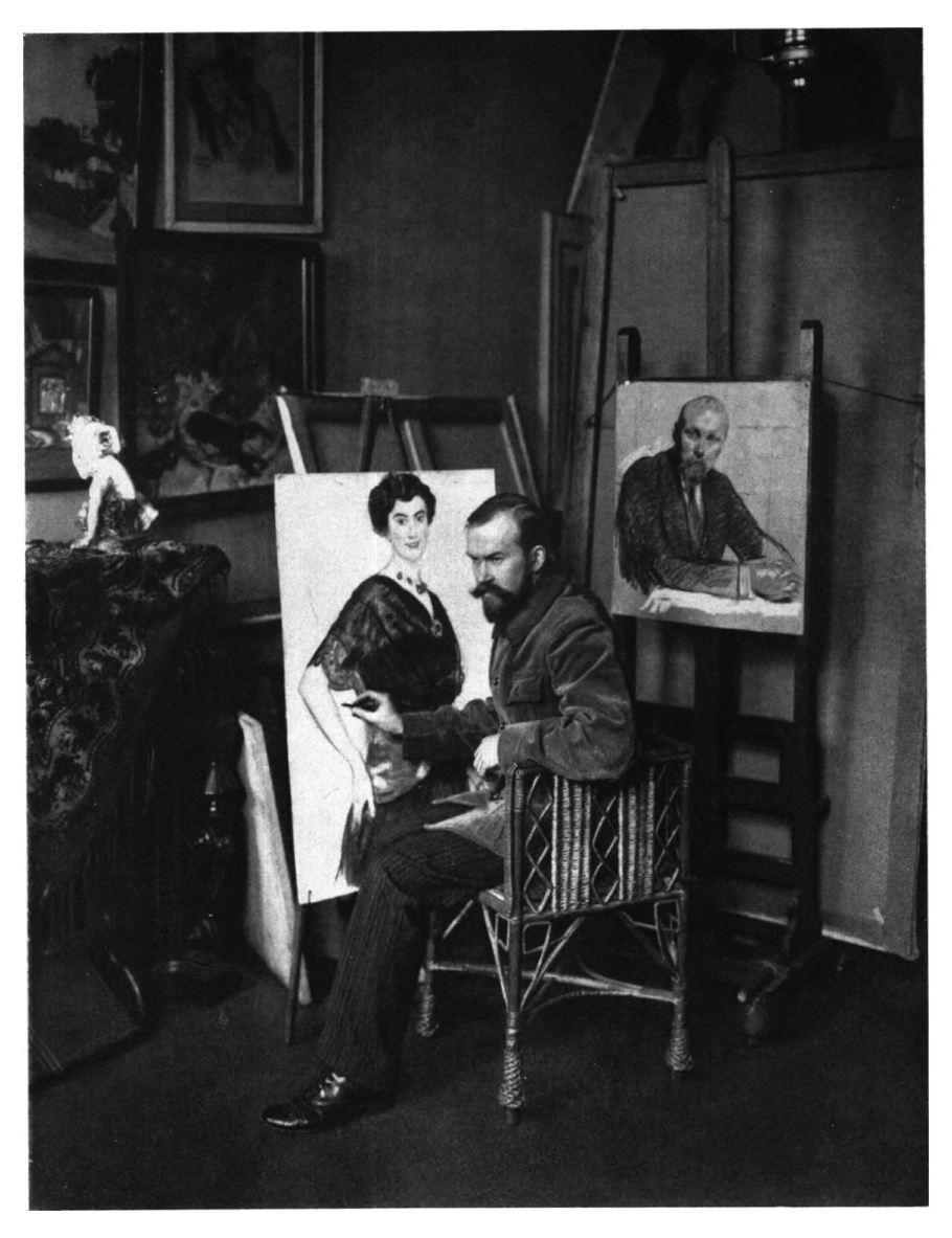 Б. М. Кустодиев работает над портретом Е. П. Базилевской. 1914. Фотография