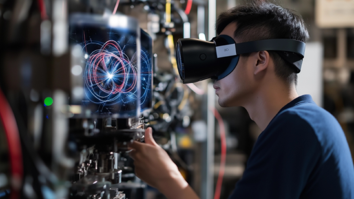 Исследователь использует VR-очки для визуализации квантовых состояний, в то время как квантовый компьютер работает в контролируемой среде. Генеративное изображение midjourney.