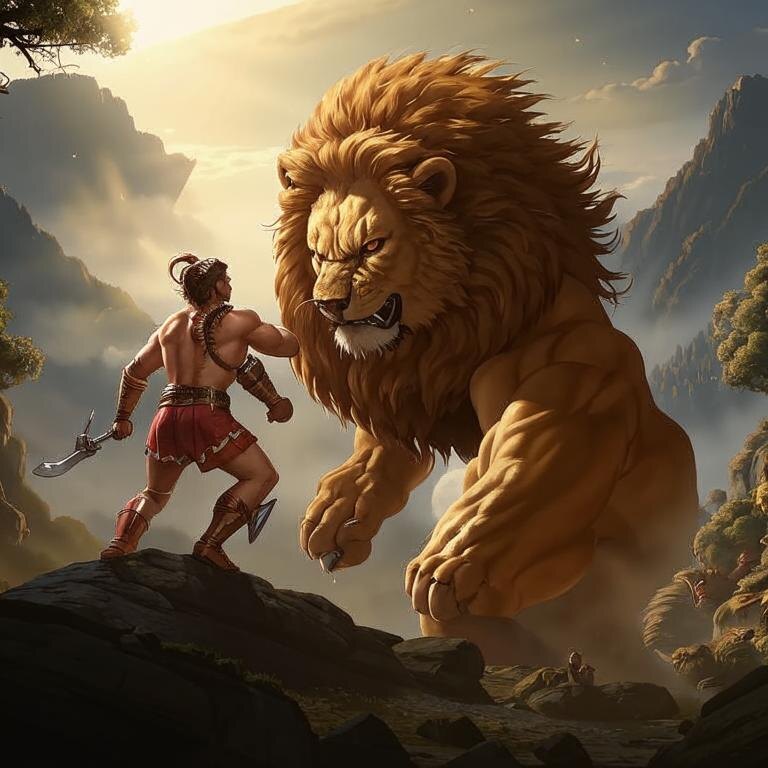 Геракл убивает Немеанского льва. Сделано с помощью GigaChat