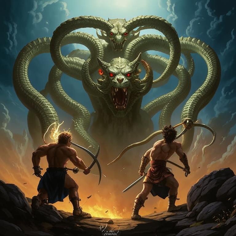 Геракл и Иолей убивают гидру. Сделано с помощью GigaChat