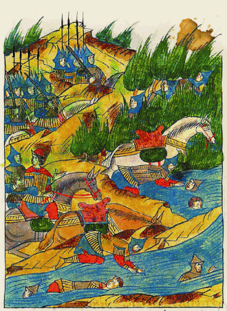 Лицевой летописный свод: "Бежали они долго, уже и кони их утомились, и стали бросаться с коней своих в воду, в болота, и в леса"