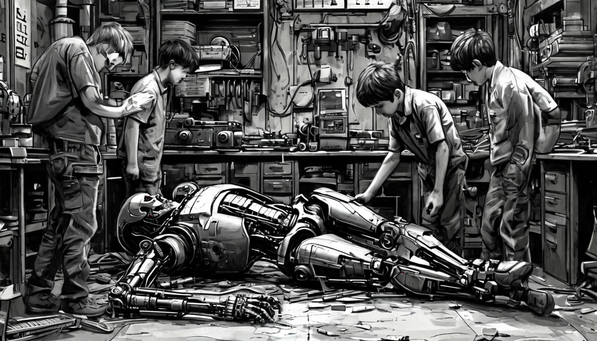 Школьники изучают устройство робота-терминатора, разбирая его на части (архивное фото Кружковцы изучают устройство Терминатора, разбирая его на части. Архивное фото одного из кружковцев).