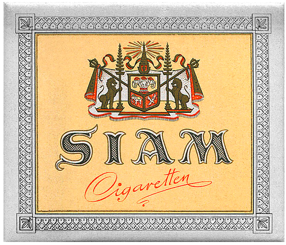 "Siam". Германия, 1950-е годы. 10 штук в коробке на петлях. Цена (была) 1 немецкая марка. Производитель: "Nordland-Zigarettenfabrik". Владелец торговой марки: "Nordland-Zigarettenfabrik".