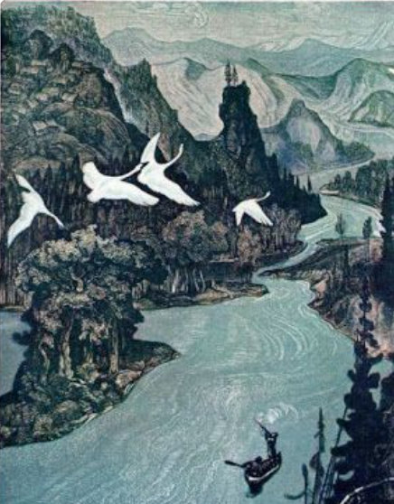 Художник П.Н. Староносов (1893-1942), Русская школа. «Северный пейзаж». 1937 г. Цветная линогравюра
