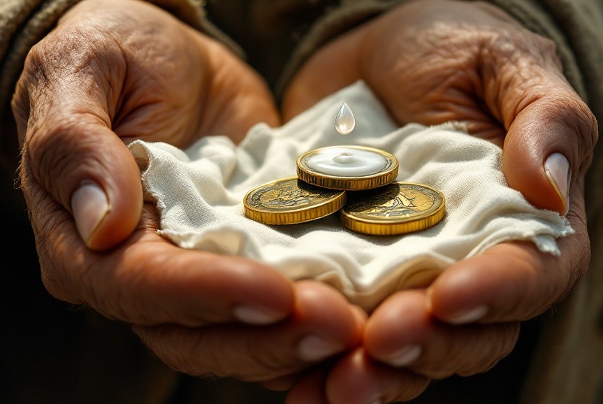 Шаман"кормил" каждую монету, нашептывая что-то, и затем складывал их в мешочек из белой ткани.