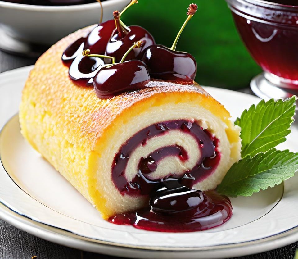 Бисквитный рулет с вишнёвым вареньем 