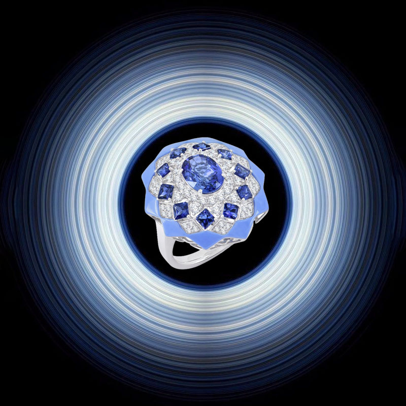 Кольцо Sutra Jewels Classic из белого золота и керамики с бриллиантами и сапфирами