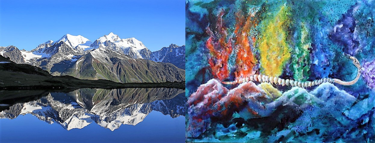 Гора Белуха (Алтай,. Россия) и картина Кэрол Хилтнер "Горы"