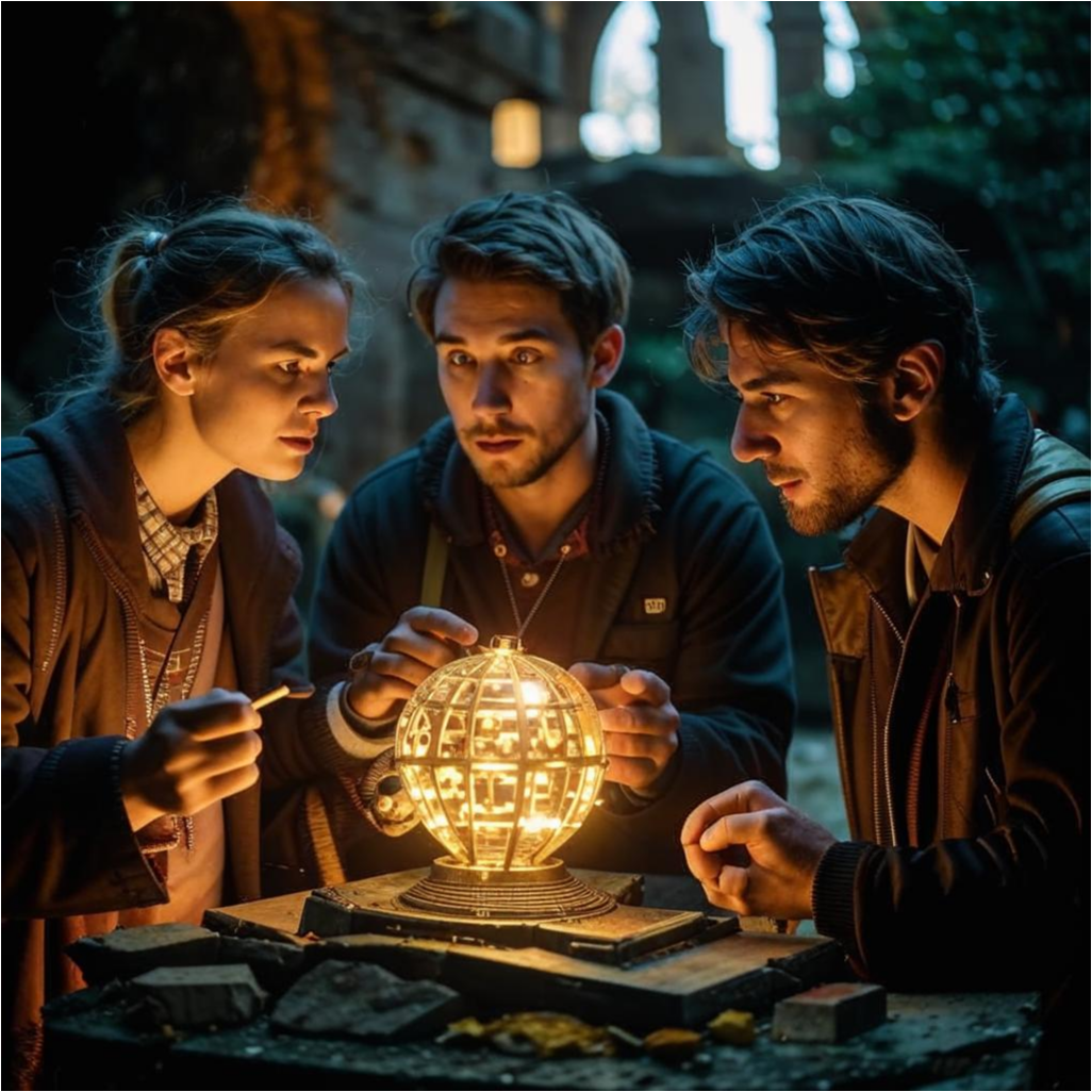 Исследователя  в окружении древних руин, изучают звуковой артефакт.