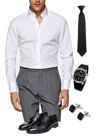 Такие аксессуары как: черный галстук, мужские наручные часы, запонки, ремень и мужские ботинки сделают образ элегантным, торжественным и официальным