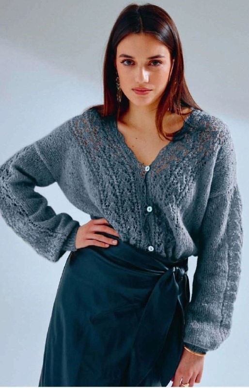 Модный жакет с V-образной горловиной на пуговицах Вязание для Вас