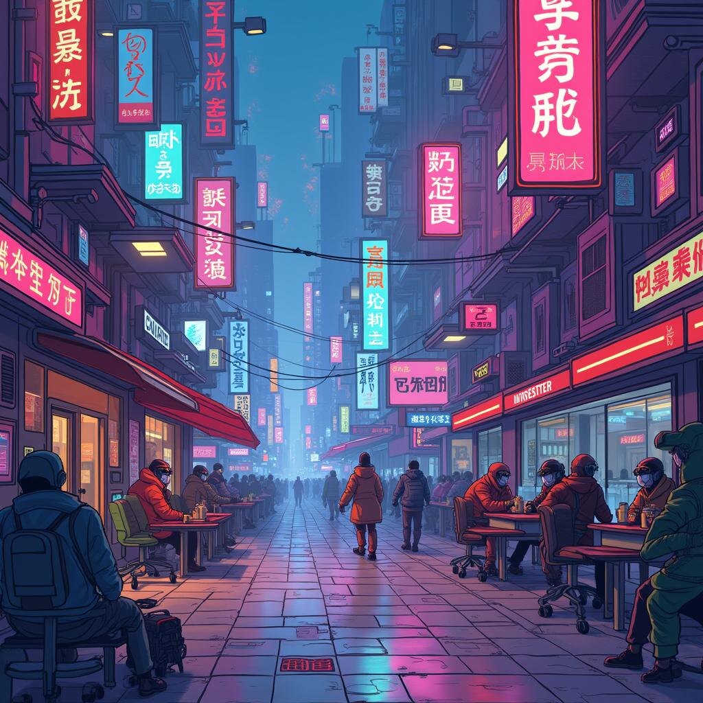    Вот текст яркий мультипликационный футуристический технологический сцена неоновые цвета Бугайск