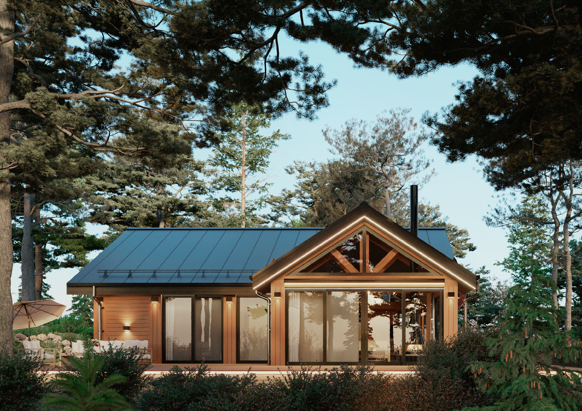 Проект гостевого дома со спальней и мастерской, системой умного дома, террасу с зоной отдыха и естественный ландшафт на 30 сотках.