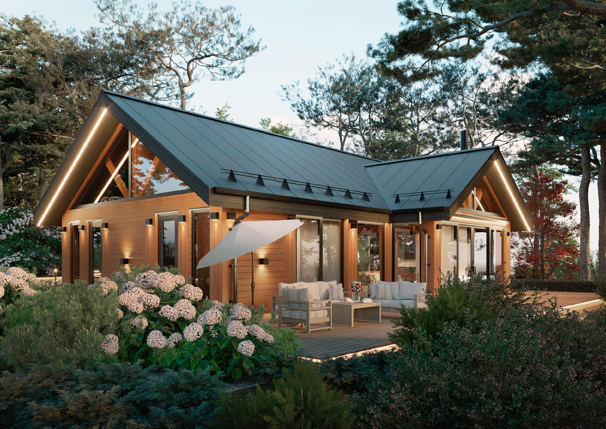 Проект гостевого дома со спальней и мастерской, системой умного дома, террасу с зоной отдыха и естественный ландшафт на 30 сотках.