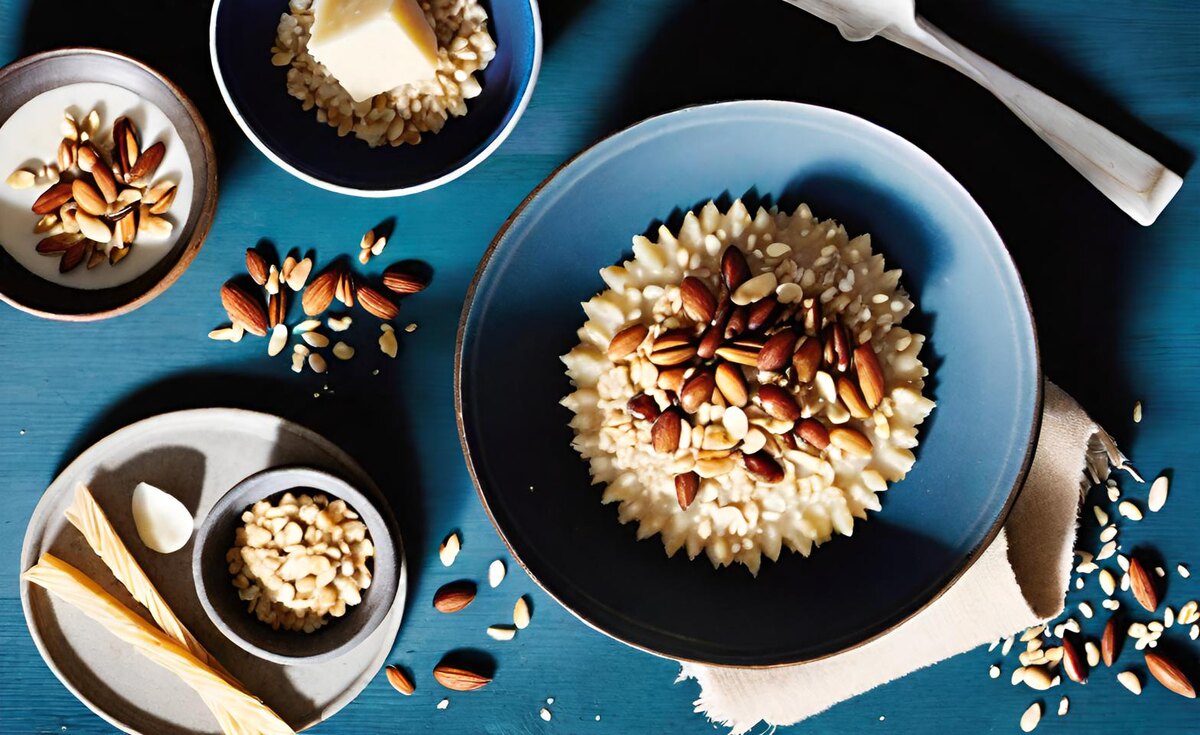 Солёная овсянка с пармезаном и кедровыми орехами 
